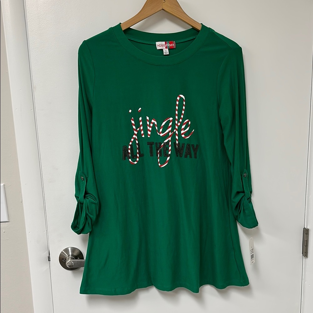 Merrywear, ladies Christmas top, small green “Jingle all the Way”